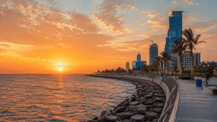 The Jeddah corniche and skyline at sunset