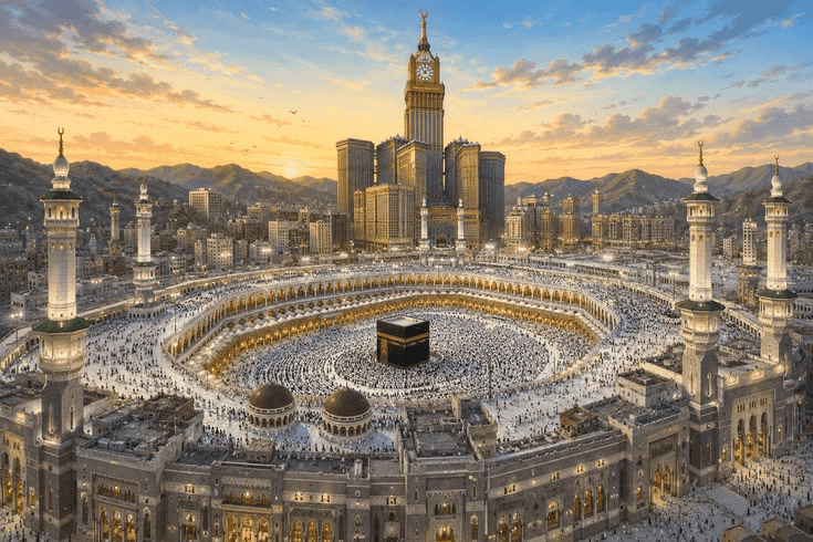 The Kaaba and the Grand Mosque at golden hour, seen from above